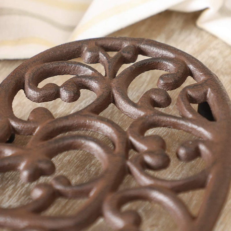 Antique Brown Scrolled Heart Pan Rest Trivet Stand Mothers Day