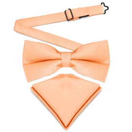 Laurant Bennet Mens Banded Bow Tie and Pocket Square Set | Solid Color | Pre Tied Classic Formal Bowties - Peach