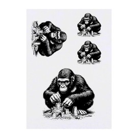4 x 'Gorilla Building Sand Castles' Temporary Tattoos - Water Resistant, Skin-Safe, Non-Toxic Transfers, Mixed Sizes (TO00076122)