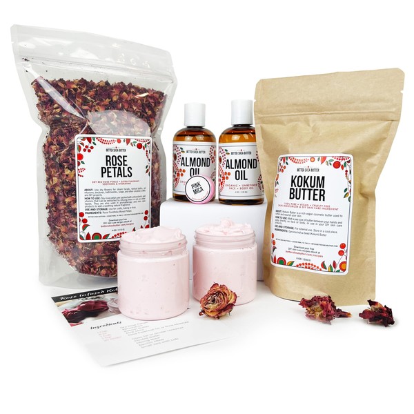 Better Shea Butter Body Butter Making Kit, Includes Kokum Butter, Almond Oil, Dry Rose Petals, Pink Mica, 2 Jars & DIY Recipe Card with Link to Video Tutorial - Natural Whipped Body Lotion Making Kit