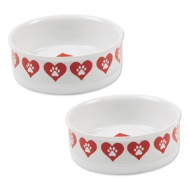 Bone Dry Ceramic Food & Water Bowls for Pets Non-Slip for Secure, Less Messy Feeding, Microwave & Dishwasher Safe, Medium Set, 6x2, Heart Paw, 2 Count