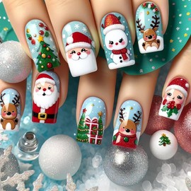 Christmas Cartoon Press on Nails Medium Square Fake Nails, Winter Xmas Press on Nails Cute with Santa Claus Elk Christmas Tree Design Glossy False Nails Christmas Acrylic Nails Christmas Glue on nails