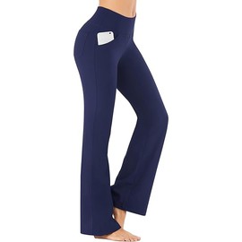 Mingkeda Bootcut Yoga Pants with Pockets for Women Wide Leg Pants High Waist Workout Pants Tummy Control Work Pants (US, Alpha, X-Large, Regular, Regular, Dark Blue)