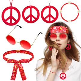 Batiyeer 6 Pcs Hippie Accessories for Women, Boho Peace Sign Earrings 60s 70s Outfits for Women Groovy Party Favor(Red)