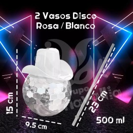 Grupo Carnavallia 2 Vaso Bola Disco Sombrero Texano Blanco Rosa Fiesta 500 Ml