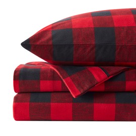 Flannel Sheets Warm and Cozy Deep Pocket Breathable All Season Bedding Set with Fitted, Flat and Pillowcases, King, Buffalo Check Plaid Burgundy