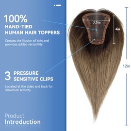 EMMOR Hair Topper For Women, 100% Remy Human Hair For Women With Thinning, Hair Loss Cover Gray Hair, Three Clips on Topper, 3.5in×4in Hand-Tied, 12 inch Ombre Ash Blonde