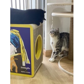 Tinklylife Cat Condo Scratcher Cardboard, Girl with a Pearl Earring Shape Adaptation Spoof Version Cat Scratching House Bed Furniture Protector, Pink