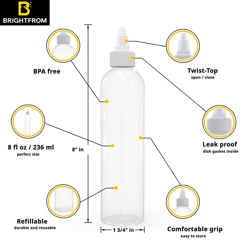 BRIGHTFROM Twist Top Applicator Bottles, 8 OZ Crystal Clear, Squeeze