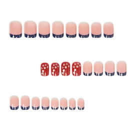 24Pcs Independent Day Press on Nails Short Square 4th of July Fake Nails with American Flags Designs Blue Glitter French Tips Glue on Nails Red Glisten Star Glossy Full Cover Stick on Nails for Women