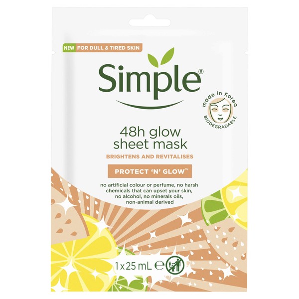 Simple Protect 'N' Glow 48h Glow Sheet Mask Korean skin care routine for sensitive skin brightens and revitalises dull & tired skin 1 mask
