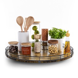 Lazy Susan Turntable Organizer for Table Top, 18’’ Round Wooden Lazy Susan for Cabinet Kitchen Countertop Pantry Dining Coffee Table for Condiments Spices, Rustic Bathroom Vanity Tray for Soap Candle