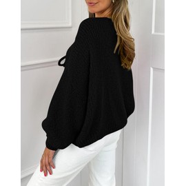 PRETTYGARDEN Women's Tie Front Bow Cardigan Sweaters Chunky Knit Long Puff Sleeve Trendy Fall Winter Jacket Coats (Black,Small)