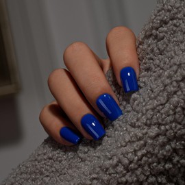 KQueenest Royal Blue Press On Nails Medium Square - Acrylic Press On Nails Short Coffin, Sheer Bright Vibrant Blue Fake Nails with Glue, Glossy Reusable Soft Gel Glue on Nails for Women, 28 Pcs