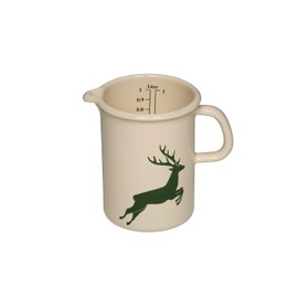Riess, 0338-072, Küchenmaß mit Skala und Ausguss, Country, COUNTRY - HIRSCH GRÜN, Durchmesser 10 cm, 1 Liter Inhalt, Höhe 14,8 cm, Emaille, beige mit grünem Hirsch, Induktion