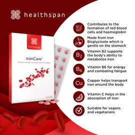 Healthspan IronCare (120 Tablets) | Added Vitamin C & B2, B6 & B12 | Stomach Friendly | Combats Tiredness & Fatigue | Supports Red Blood Cell Formation | Vegan Formula
