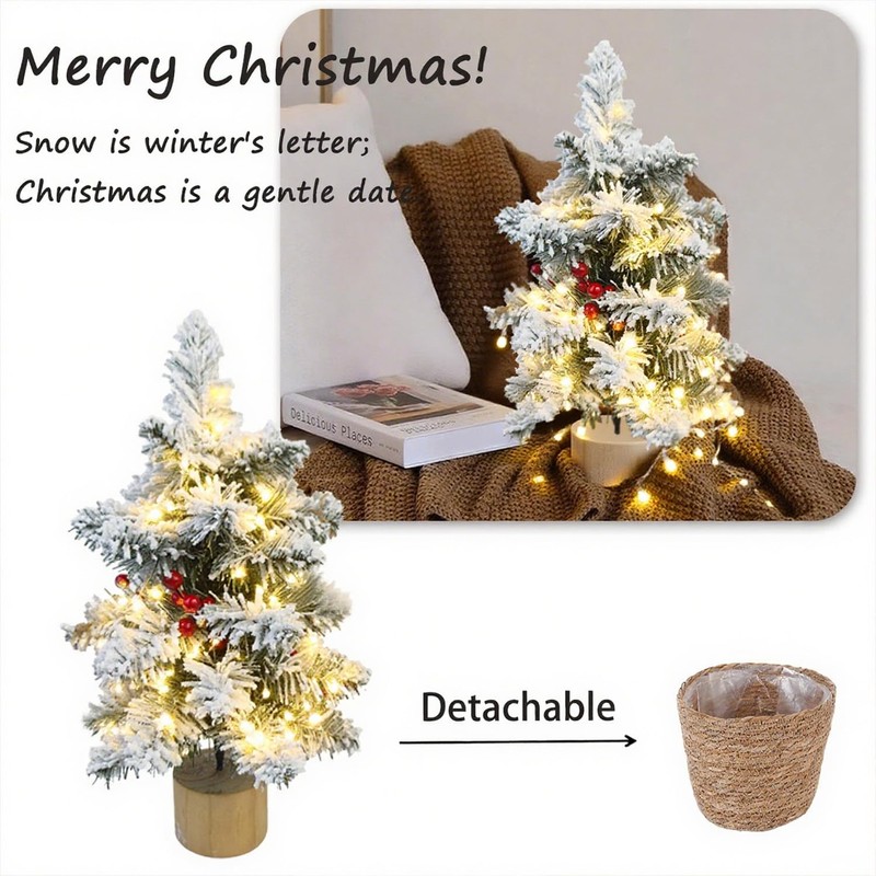 24 Inch 2 FT Pre-lit Snowy Mini Christmas Tree, Brelixo