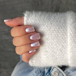 Uñas postizas cortas cuadradas con punta francesa blanca cromada, uñas postizas de gel suave y brillante con acabado brillante esmaltado, 30 piezas de