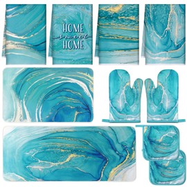 Fanfanwin 10 Pcs Boho Oven Mitts Pot Holders Anti Fatigue Kitchen Rug and Towel Set Floral Non Slip Mats Decor Kitchen Towels for Baking Cooking BBQ Gifts Decor(Marble)