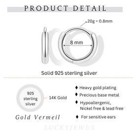925 Sterling Silver Small Silver Hoop Earrings for Women Men, White Gold Plated Huggie Hoop Earrings, Cartilage, Helix, Tragus, Earlobe Tiny hoops Lightweight Hypoallergenic Earrings (1 Pair- 8mm)