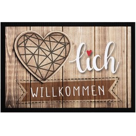 MoonWorks® Doormat with German Text "Herzlich Willkommen Herzlich Willkommen Herzlich Herz Natur" Wood Look Non-Slip & Washable Black 60 x