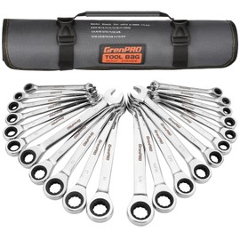 GRENPRO Ratcheting Wrench Set, Combination Wrench Set, 22-Piece SAE & Metric and Standard, 72Th Long Open End, 1/4" to 3/4" & 6-18mm, Organizer With Roll Up Pouch, CR-V Socket Mechanic Hand Tools Sets
