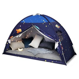 Twin Bed Tent Twin Bed Canopy Indoor Blackout Privacy Tent Portable Sleeping Tents Floor Bed Tent for Kids with Lights and Flags, Bunk Bed Curtains Tent (Blue)