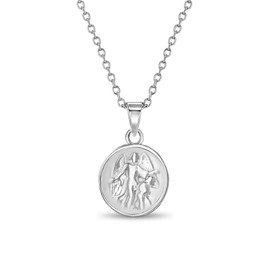925 Sterling Silver Religious 16" Guardian Angel Round Medal Pendant Necklace for Little Girls - Small Protector Charm Link Chain Necklaces - Elegant Angel Medallion Jewelry for Children & Preteens