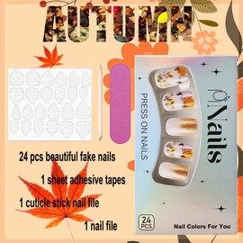 24Pcs Fall Press on Nails Short Square Fake Nails Orange Glitter Full Cover Glue on Nails Acrylic Thanksgiving Nails Autumn Pumpkin Maple Leaf False Nails Glossy Stick on Nails for Women DIY Decor
