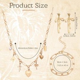 Quelay Gold Chunky Necklace Earrings Bracelet Set Gold Charms Necklace Paperclip Chain Bracelet Bow Earrings Jewelry Removable Charms with Pearl Heart for Women Bridesmaid Prom Wedding Friendship Gift