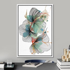 SIGNFORD Framed Canvas Wall Art Gold, Black Ink Lines with Red, Blue, Green Watercolor Botanical Plants Illustrations Abstract Minimalist Expressive for Living Room, Bedroom, Office - 16x24 inches