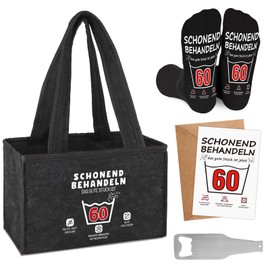 WenmthG Geschenkset zum 60 Geburtstag Männerhandtasche Bier Filz mit Flaschenöffner und Lustige Socken und Grußkarten für Mann Frauen, Bier Geschenke Männer Bierträger Flaschentasche für 6 Flaschen