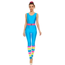 MIAIULIA Womens 80s Workout Costume Outfit 80s Costume For Women Leotard Set Blue Rompers M