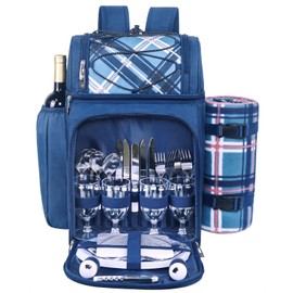 Hap Tim Picnic Backpack for 4 Person with Blanket, Insulated Leakproof Cooler Compartment, Wine Holder, Cutlery Set, Gifts Ideals for Wedding, Housewarming, White Elephant, Bridal Showers(36079-BL)
