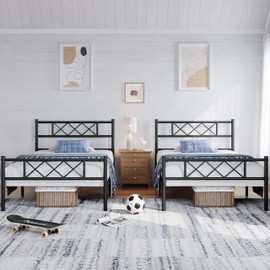 Yaheetech Black Twin XL Metal Platform Bed Frame Mattress Foundation with Headboard and Footboard Under Bed Storage Steel Slats No Box Spring Needed 2Pcs
