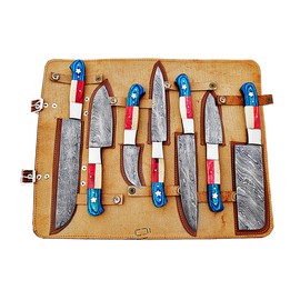 Smart & Sharp Custom Handmade Damascus Chef Knives Set/Kitchen Knives 7 Pieces Set SS-17309, (Red, Blue Wood and Bone)
