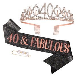 AhlsenL 40th Woman Birthday Sash Crown Birthday Rhinestones Tiara 40&Fabulous Decoration for 40th Woman Birthday(Rose Gold)