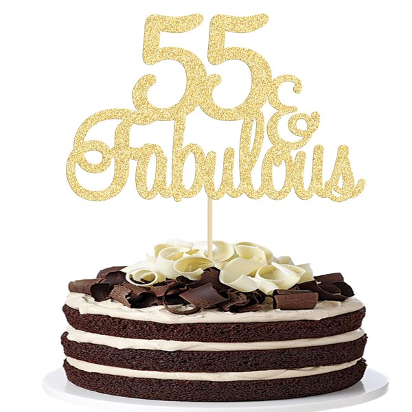 Gyufise 1 pieza 55 y fabulosa decoración para tartas con purpurina de cincuenta y cinco y fabulosas decoraciones para tartas de feliz 55 cumpleaños para 55 aniversario de boda, fiesta de cumpleaños, suministros de decoración de pasteles