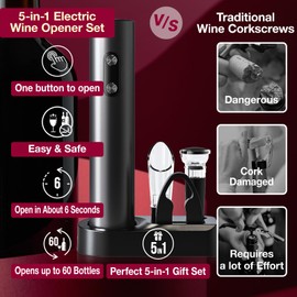 CREERJOY 5-in-1 Electric Wine Opener Set with Wine Stopper, Wine Pourer, Foil Cutter, and Storage Base – Easily Remove Corks with the Push of a Button for Decanting and Preservation (Black VBGS)