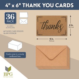 Kraft Thank You Cards with Envelopes for Wedding, Baby Shower (4x6 In, 36 Pack)