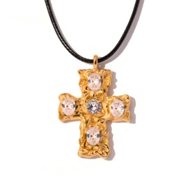 WARIDAR MAX 18K Gold Plated Hammered White CZ Cross Pendant Necklace | Hypoallergenic All-match Luxury Black String Necklace | Ingenious Design Cross Faith Pendant Necklace for Women