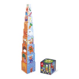 Janod - La mia Prima Piramide - Temi educativi: Animali, Frutta, Numeri, Stagioni - Giocattolo educativo - 10 cubi da impilare - Sviluppa destrezza e immaginazione - dai 12 Mesi