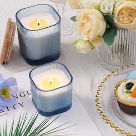 12 Pcs 12oz, 6oz Blue Candle Jars for Making Candles, Ribbed Unique Candle Jars, Candle Containers with Bamboo Lids and Labels for Candle Making Supplies, Candles Vessels, Blue Table Decor, Gifts