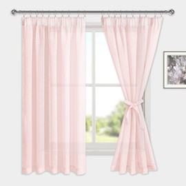 DWCN Voile Curtains with Ruffle Tape, Linen Look, 2 Pieces, Semi-Transparent Curtains for Living Room, Transparent Curtains, Short, Blush Pink, 160 x 140 cm (Height x Width)