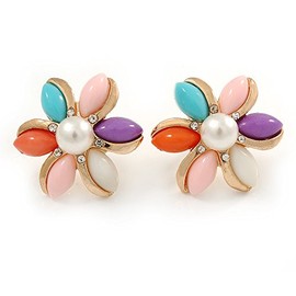 Multicoloured Acrylic, Crystal Flower Stud Earrings In Gold Tone - 20mm D