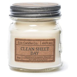 Eco Candle Co. Mason Jar Candle, Clean Sheet Day, 8 oz. - Scents of Clean Linens - 100% Soy Wax, No Lead, Kraft Label & Antiqued Pewter Lid, Hand Poured, Made from Midwest Grown Soybeans