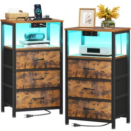 Casaottima Night Stand Set 2, Bedside Tables with Charging Station, LED Nightstand with Fabric Drawers, End Tablewith Open Shelf, Small Nightstand for Bedroom, Vintage and Black
