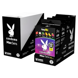 Playboy - Party Mix 56 pz - Mix de Condones Extra Delgados: Fresa, Vainilla, Chocomenta, Mango, Plátano y Uva - 4 Packs de 14 pz