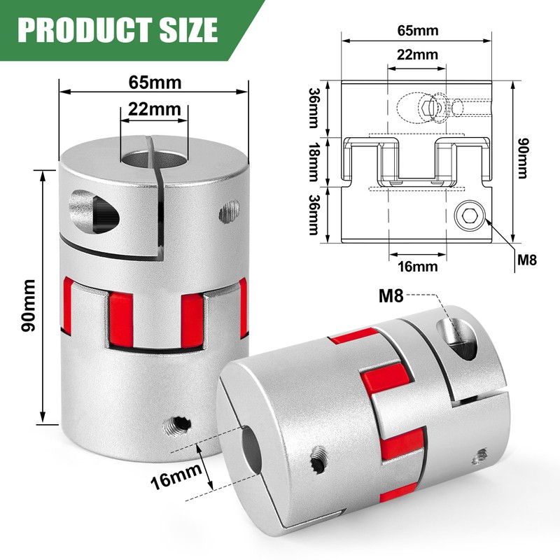 Plum Shaft Coupling Aluminium 16 mm to 22 mm, Flexible