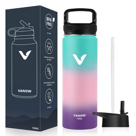 Termo de Acero Inoxidable, Termo de Agua con 2 Tapas, para Agua Fría (24 horas) o Caliente (12 horas), Doble Pared y Tapa Hermética Antigoteo, con Asa para Transportar (Verde, 700ml/24Oz)